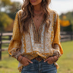 Women's Vintage Polka Dot Artistic Cotton Linen V-neck Long Sleeve Top