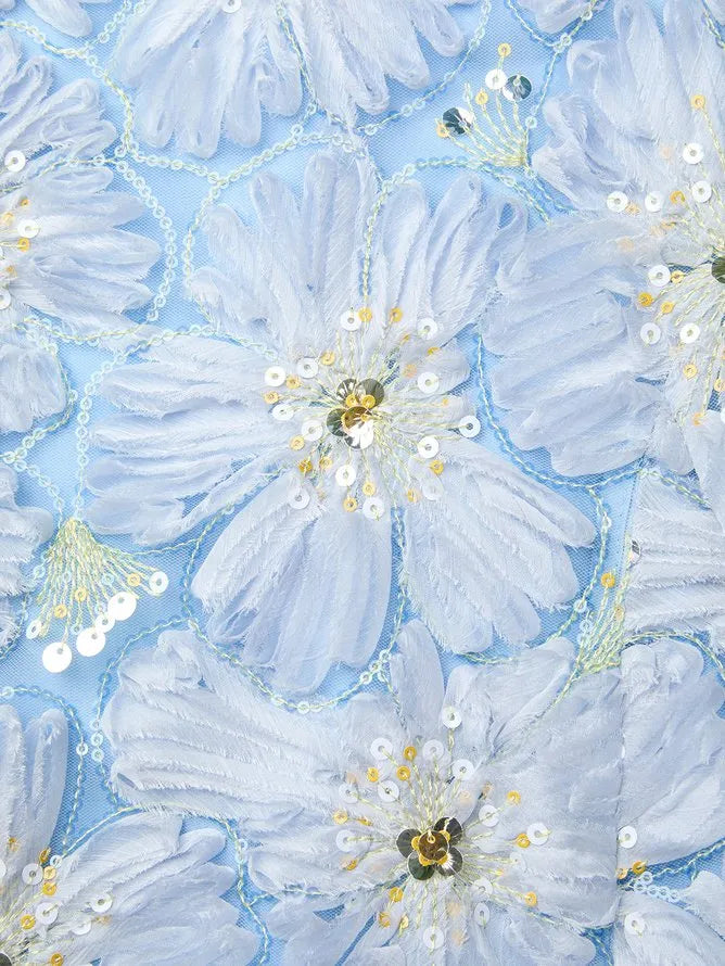 Light Blue Jacquard Chiffon Halter Neck Sleeveless A-Line Floor-length Gown Dress