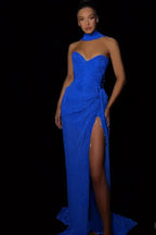 Cocoslly Strapless Sleeveless High Waist Long Split Prom Dress With Appliques And Scarfs | Silver Sequins JZ0147