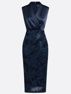Purplish Blue 3D Floral Glitter Classic V Neck Sleeveless Sheath Midi Dress