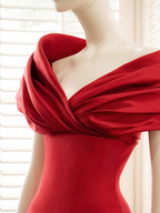 Cocoslly Off-The-Shoulder Sleeveless High Waist Long A Line Prom Dress With Pleated | Red Satin YC0571