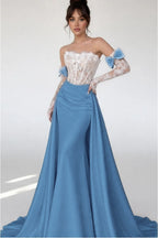 Cocoslly Strapless Sleeveless High Waist Long Mermaid Prom Dress With Long Sleeves And Lace | Blushing Pink Satin