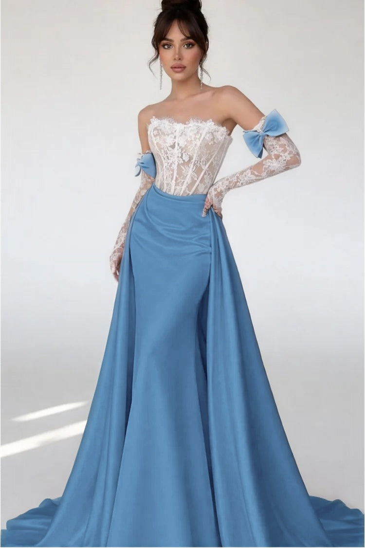 Cocoslly Strapless Sleeveless High Waist Long Mermaid Prom Dress With Long Sleeves And Lace | Blushing Pink Satin