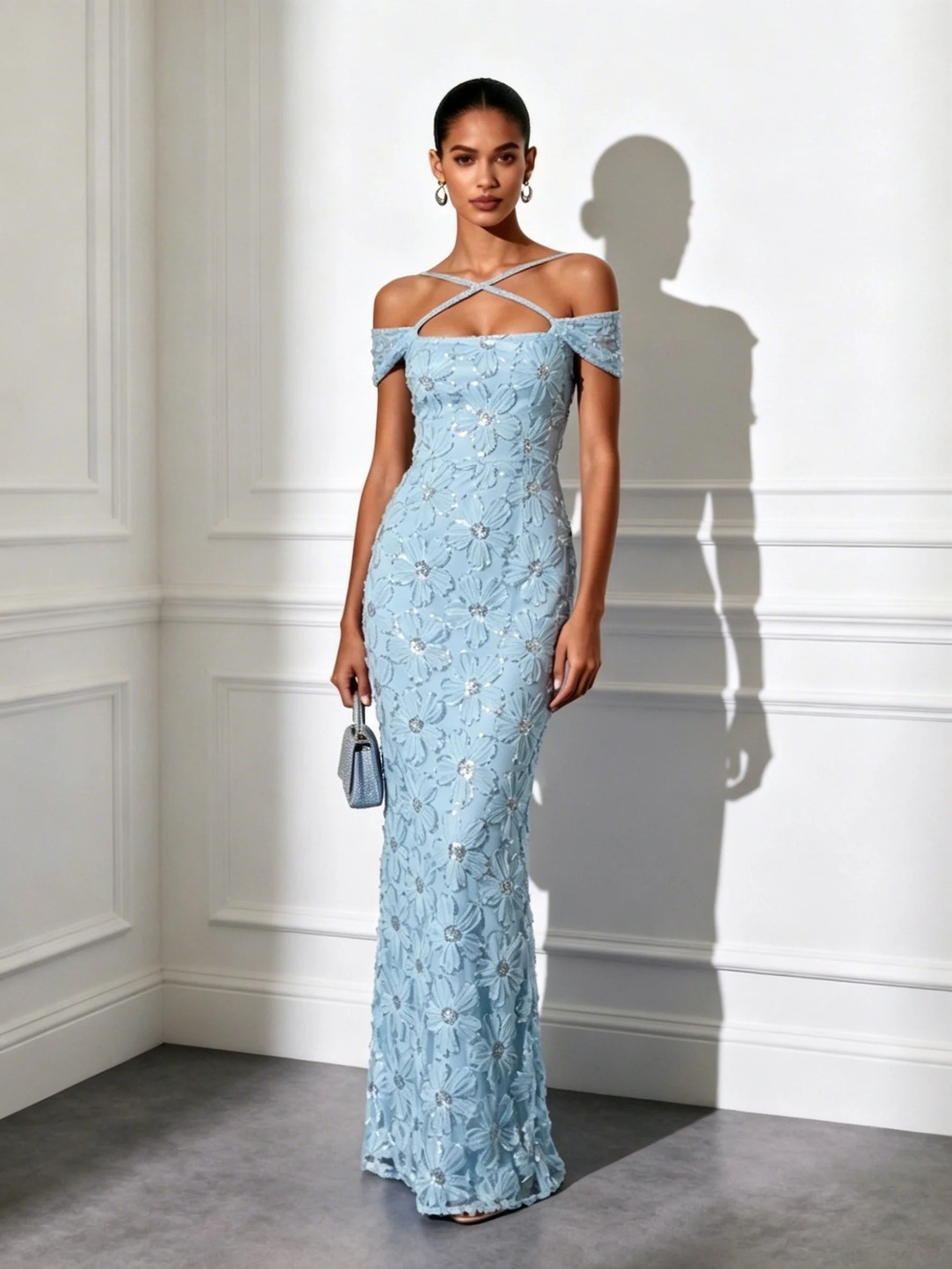 Light Blue Jacquard Glitter Classic Off The Shoulder Short Sleeve Mermaid Floor-length Gown Dress