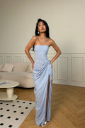 Cocoslly Strapless Sleeveless High Waist Long Prom Dress With Split And Pleated | Ice Blue Satin YC0566