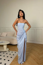 Cocoslly Strapless Sleeveless High Waist Long Prom Dress With Split And Pleated | Ice Blue Satin YC0566