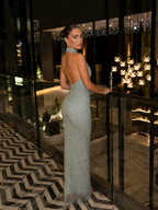 Cocoslly Halter Sleeveless High Waist Long Mermaid Prom Dress With Rhinstone | Sliver Satin LX0110