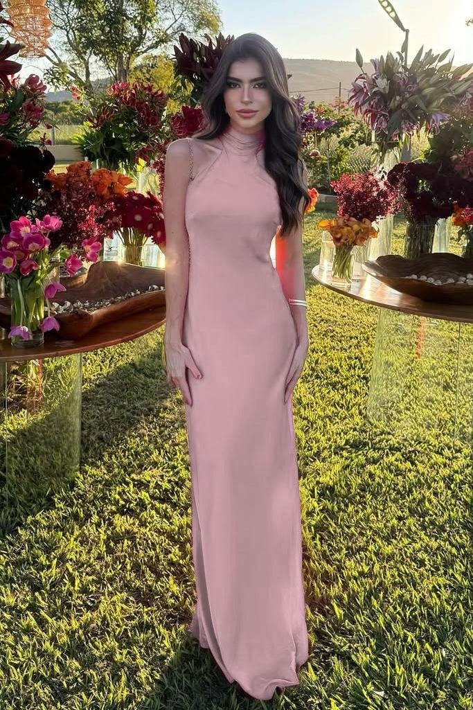 Cocoslly High Neck Sleeveless High Waist Long Mermaid Prom Dress | Fuchsia Satin XJ0757