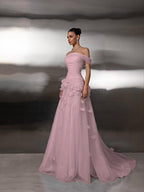 Cocoslly Off-The-Shoulder Strapless Sleeveless Long Pleated A-Line Prom Dress With Flower Appliqués | Light Blue Tulle ZA0285