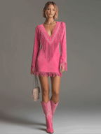 Western-style Retro Embroidered Tassel Pink Faux Suede Mini Dress