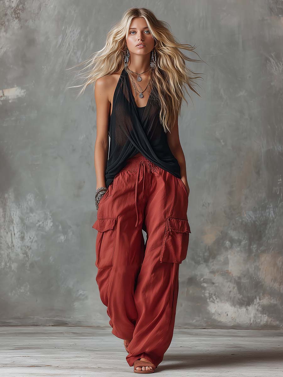 Retro Casual Workwear Style Red Cotton Pants