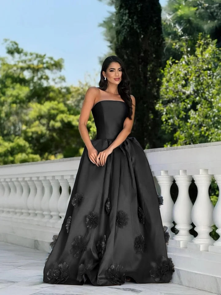 Satin Strapless Sleeveless Long A-Line Prom Dress With Flower Appliques And Pleated YK0617