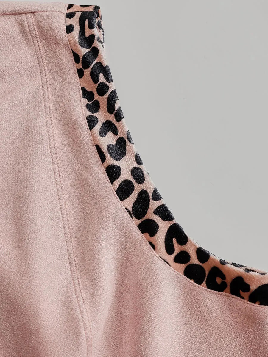 Western Retro Pink Faux Suede Sleeveless Leopard Print Hooded Wide-Leg Jumpsuit