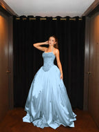 Cocoslly Halter Neck Strapless Sleeveless Long A-Line Prom Dress With Pleated And Sequins Rhinstone | Champage Satin YK0886