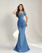 Cocoslly Square Neck Sleeveless High Waist Long Mermaid Prom Dress With Pleated | Burgundy Satin DB0128