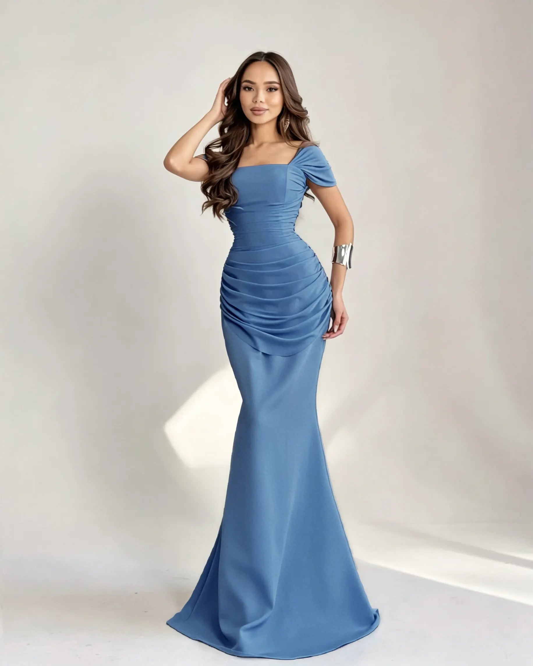 Cocoslly Square Neck Sleeveless High Waist Long Mermaid Prom Dress With Pleated | Burgundy Satin DB0128