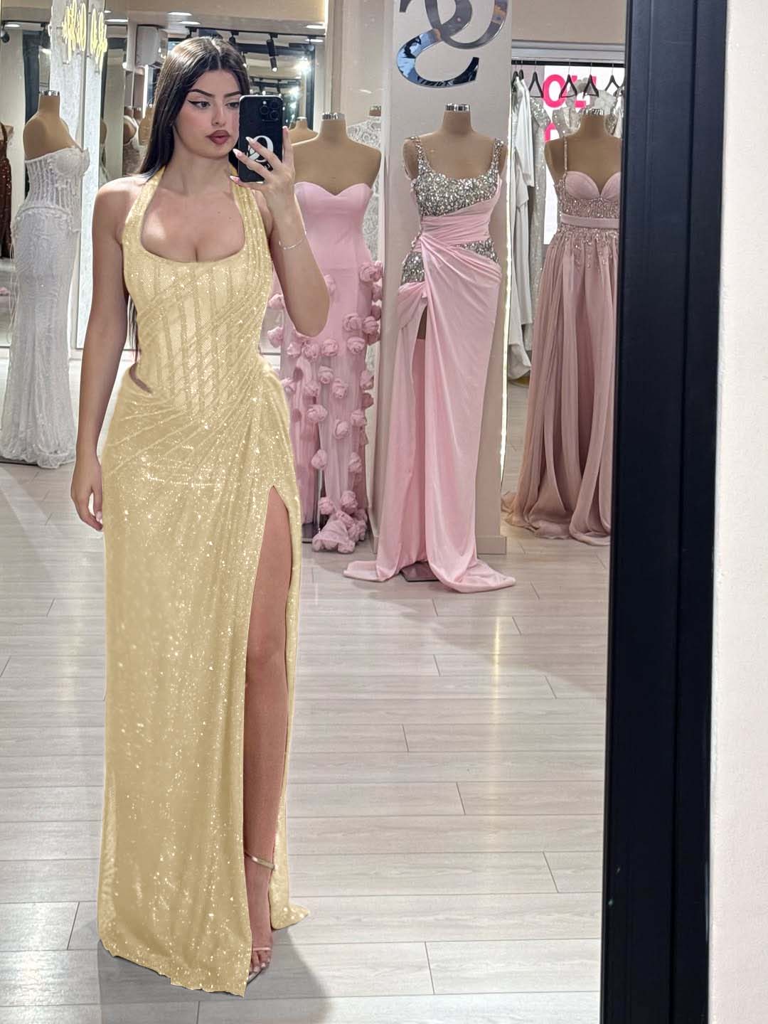 Sequins Halter Sleeveless Long Mermaid Prom Dress With Split YK0358