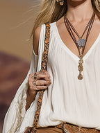 Versatile Vintage-style Lace & Off-white Chiffon Off-shoulder Long-sleeve Shirt
