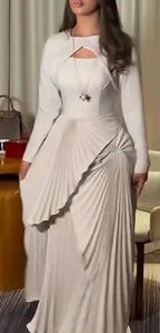 Cocoslly Long Sleeves High Waist Long Prom Dress With Pleated | White Satin CO0206