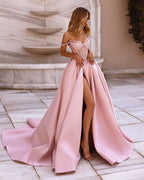 Cocoslly Sweetheart Off-The-Shoulder Long A-Line Split Prom Dress With Rhinestones | Pink Satin ZT0155
