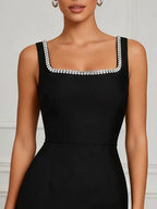 Black Rhinestone Ruched Knit Square Neck Sleeveless Bodycon Midi Dress