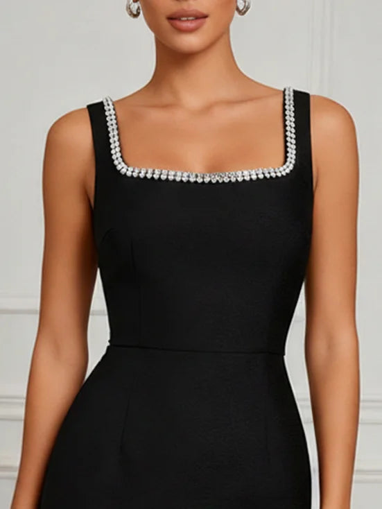 Black Rhinestone Ruched Knit Square Neck Sleeveless Bodycon Midi Dress
