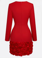 Red 3D Floral Classic V Neck Long Sleeve Sheath Mini Dress
