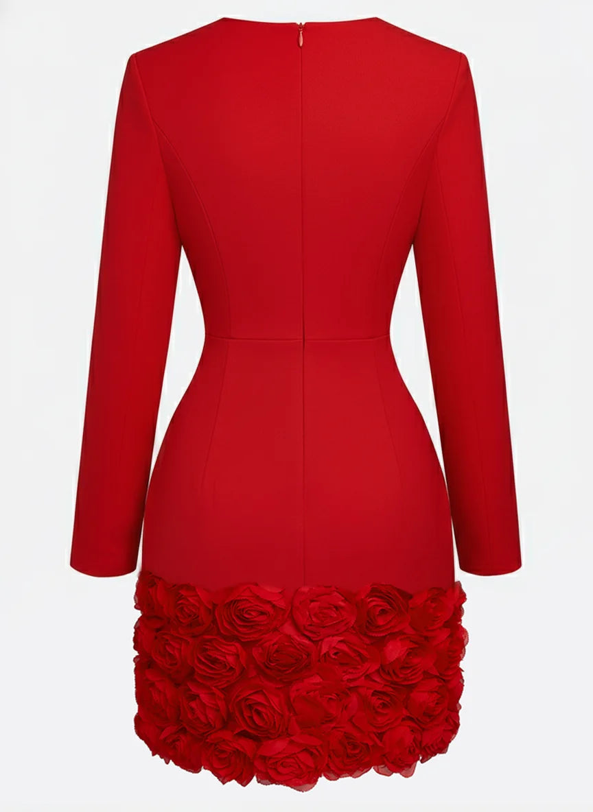 Red 3D Floral Classic V Neck Long Sleeve Sheath Mini Dress