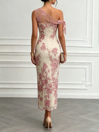 Pink Embroidery Bow Lace One Shoulder Sleeveless Sheath Maxi Dress
