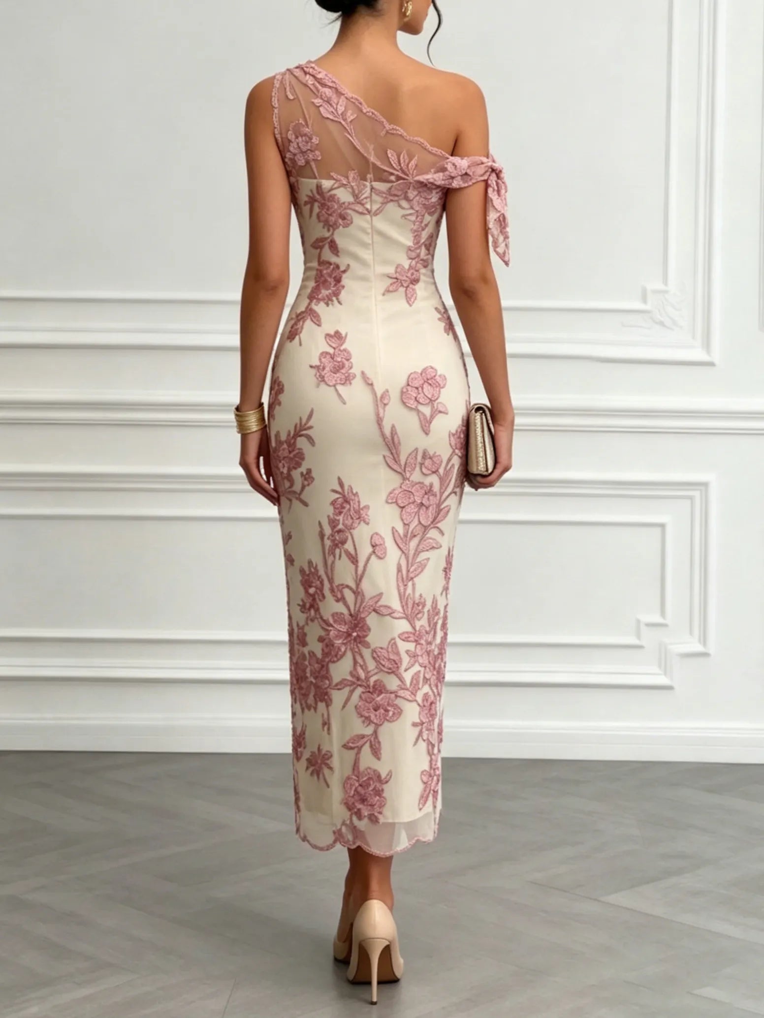 Pink Embroidery Bow Lace One Shoulder Sleeveless Sheath Maxi Dress