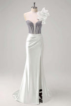 Satin V-Neck Strapless Sleeveless Long Pleated Mermaid Prom Dress With Rhinstone And High Split YK0320