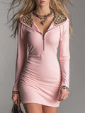 Sporty  High-stretch Pink  With A Half-zip And Partial Leopard Print Mini Dress