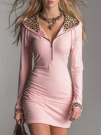 Sporty  High-stretch Pink  With A Half-zip And Partial Leopard Print Mini Dress