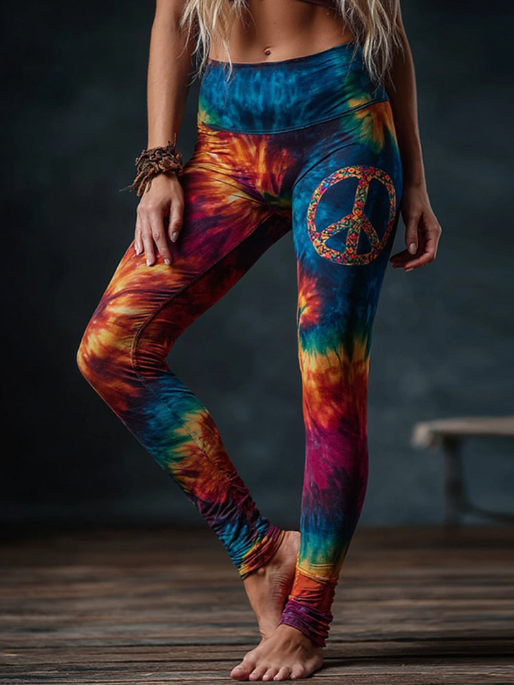 Women's Hippie Rainbow Peace Sunflowers With Tie-dye Pattern Leggings