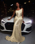 Tulle Asymmetric Strapless Sleeveless Long Pleated Mermaid Prom Dress With Sequins And Ruffles YK0320