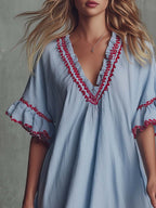 Vintage Bohemian V-neck Ruffled Hazy Blue Cotton-linen Mini Dress