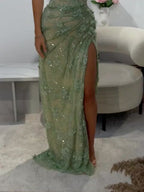 Cocoslly Halter Sleeveless Pleated Long Mermaid Split Prom Dress With Embroidered Appliqué | Dusty Sage Green Lace CO0014