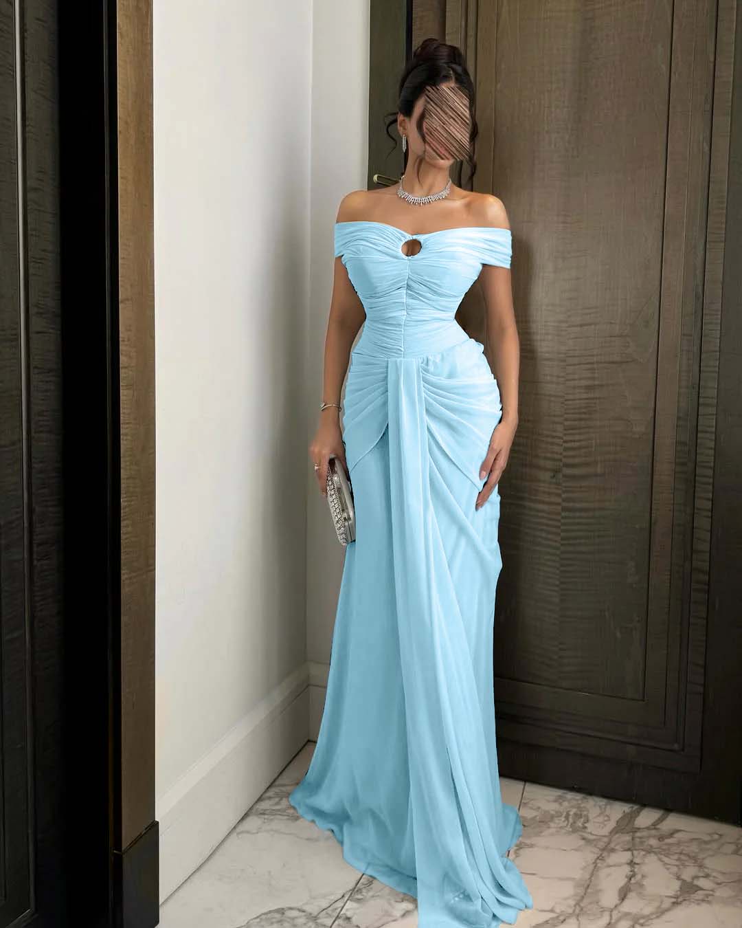 Chiffon Off-The-Shoulder Strapless Sleeveless Long Mermaid Prom Dress With Ruffles And Pleated YK0784