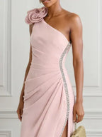 Pink 3D Floral Rhinestone Classic One Shoulder Sleeveless Sheath Maxi Dress
