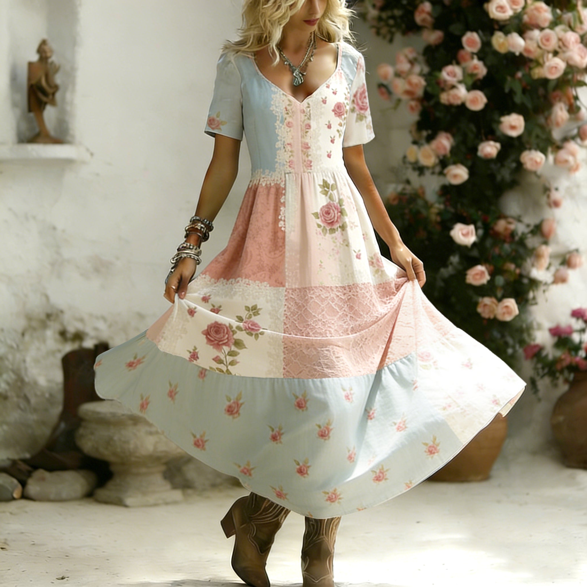 Women's Boho Retro Rose Collage Art Linen V Neck Maxi Dress