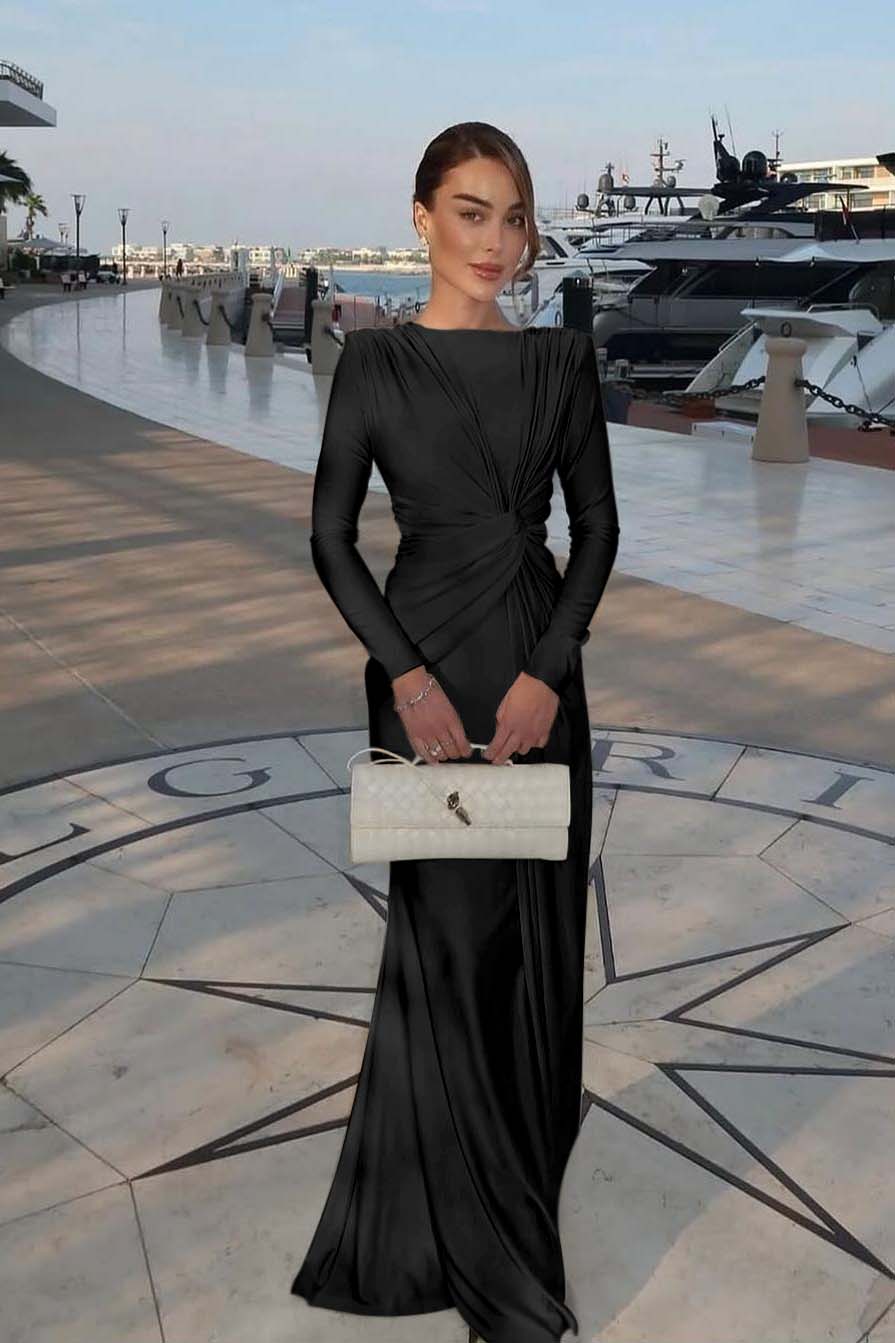 Chic Jewel Long Sleeves Mermaid Long Prom Dress With Pleated XJ0364