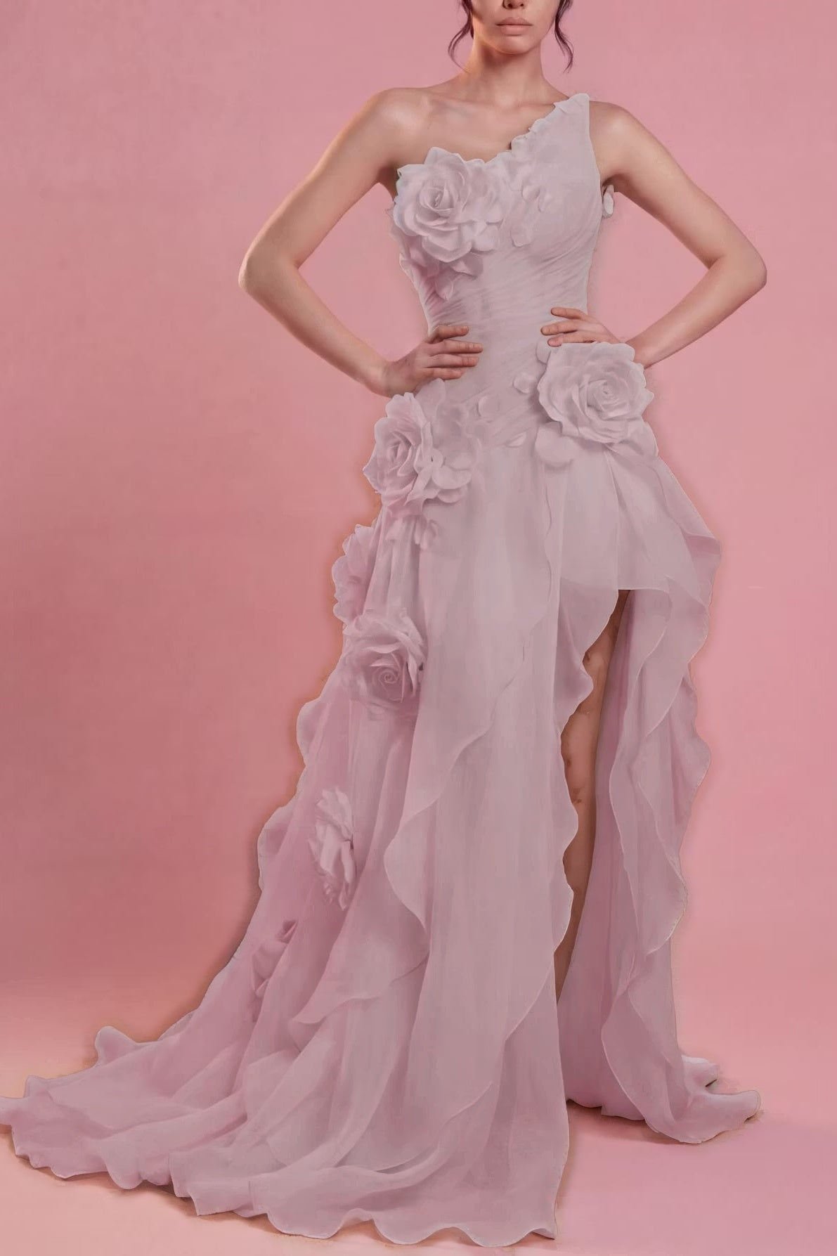 Cocoslly One Shoulder Sleeveless High Waist Long Split Prom Dress With Ruffles And Flowers | Blushing Pink Chiffon YC0489