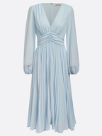 Light Blue Pleated Ruched Balloon Sleeve A-Line Midi Chiffon Dress