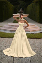 Satin Strapless Sleeveless Long A-Line Prom Dress With Pleated And Corset YK0797
