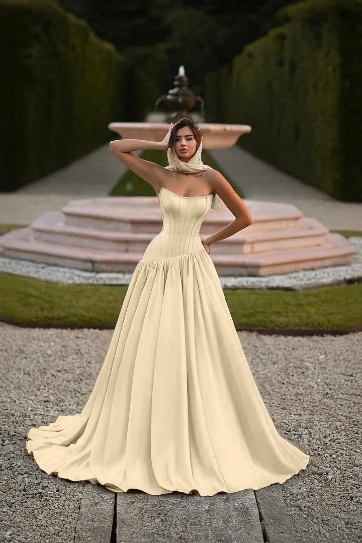 Satin Strapless Sleeveless Long A-Line Prom Dress With Pleated And Corset YK0797