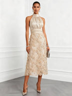 Champagne 3D Floral Glitter Classic Mock Neck Sleeveless Midi Dress