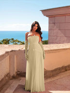 Chiffon Strapless Sleeveless Long Pleated A-Line Prom Dress With Bows And Gloves YK0680
