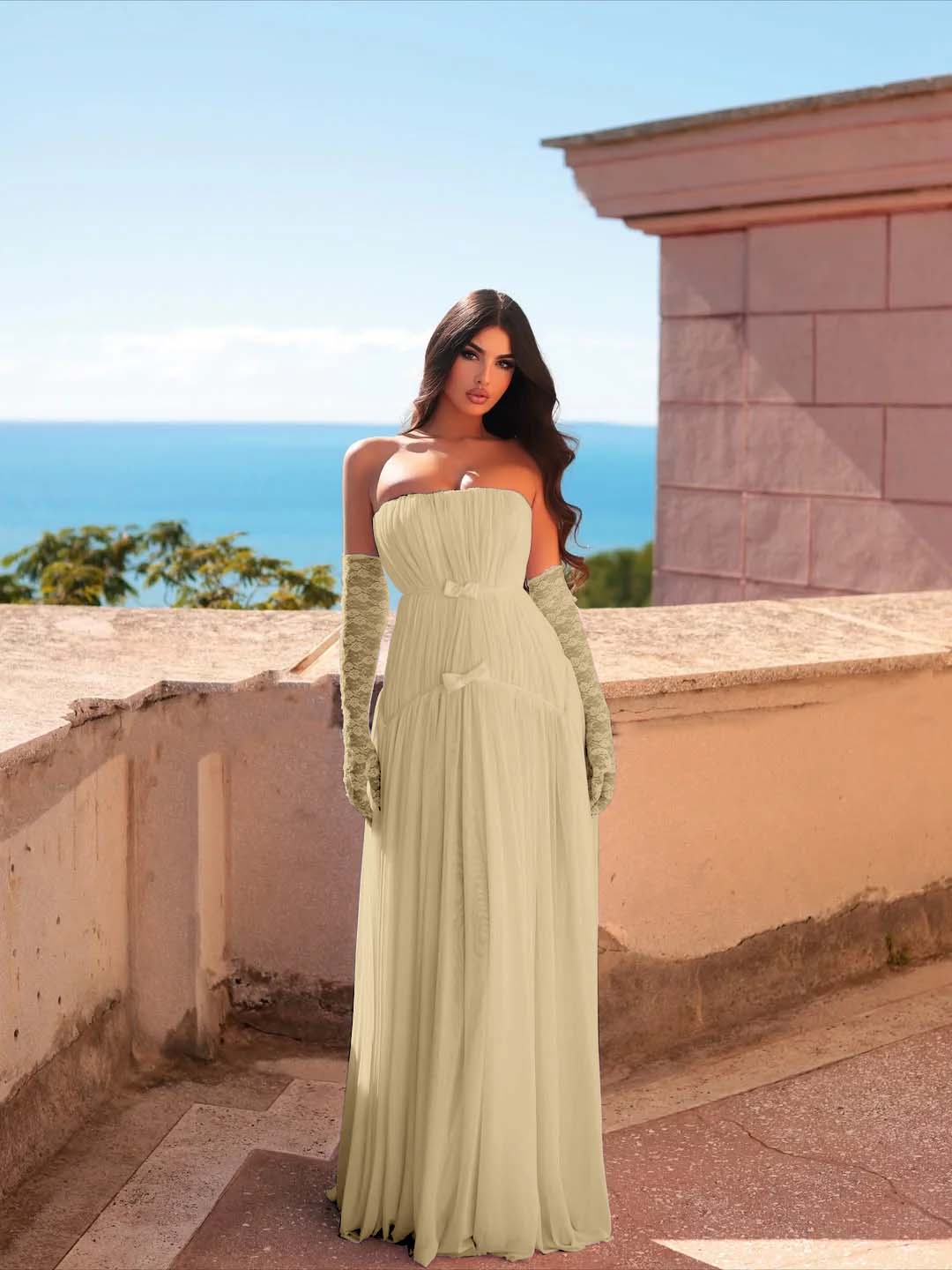 Chiffon Strapless Sleeveless Long Pleated A-Line Prom Dress With Bows And Gloves YK0680