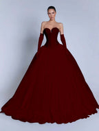 Tulle Sweetheart Strapless Sleeveless Long A-Line Prom Dress With Bow And Gloves YK0721