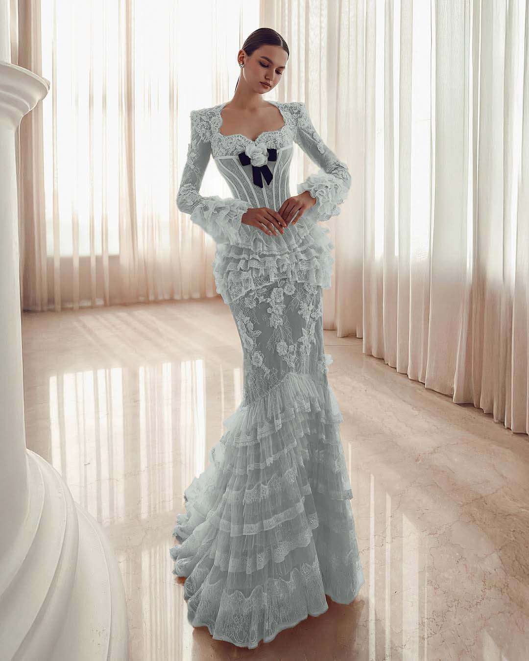 Long Sleeves Sweetheart Long Mermaid Prom Dress With Lace Appliques YK0181